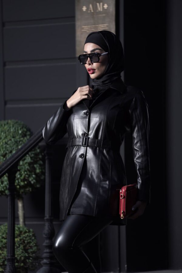 کاپشن چرم زنانه یقه انگلیسی - آموت چرم - Image 8